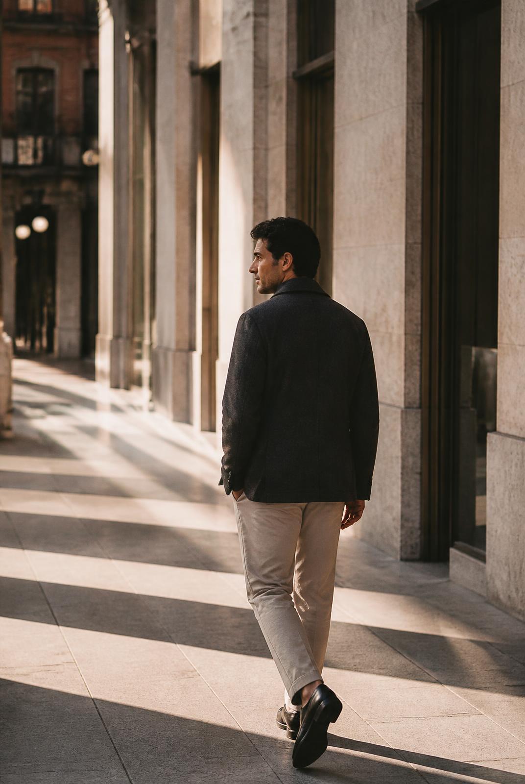 A person walking through a softly lit modern passage